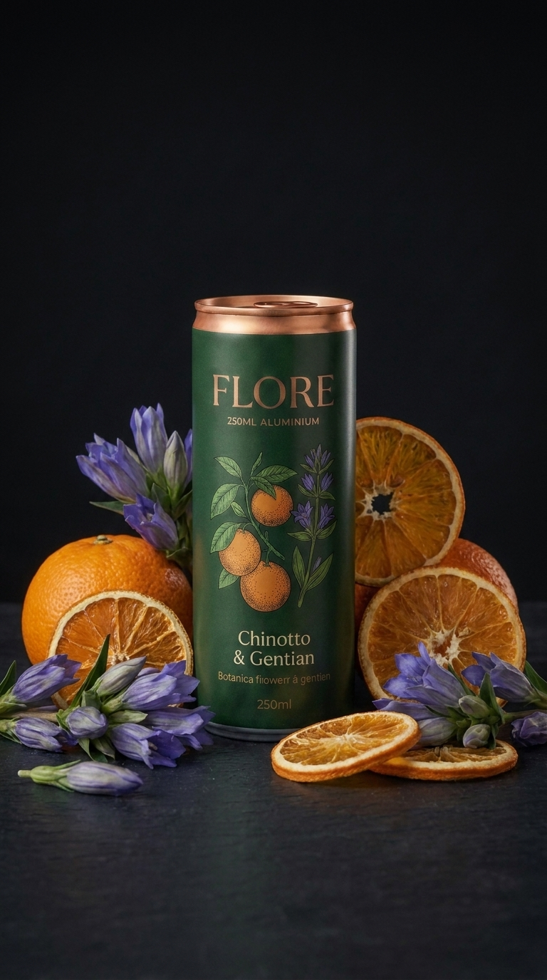 FLORE Chinotto and Gentian can with citrus and gentian on black slate